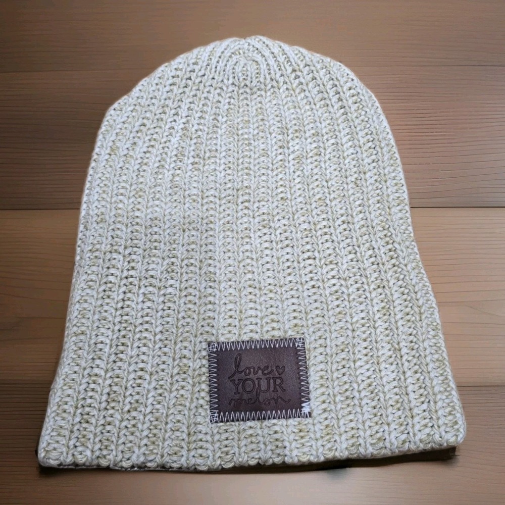 Love Your Melon Womens OS Gold Cream Metallic Beanie Knit Hat Winter USA